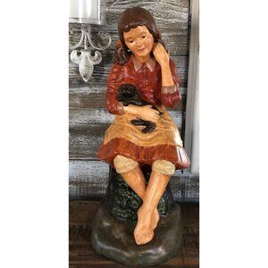 Holland Mold Ceramic Hand Painted Girl Sitting On Tree Stump Holding Puppy VTG